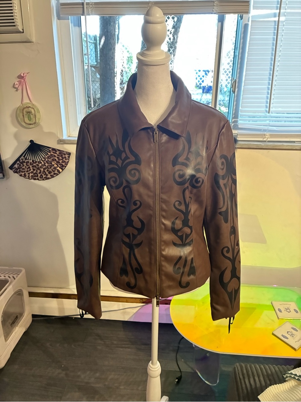Current Mood Brown Leather Jacket with Black Tribal Print